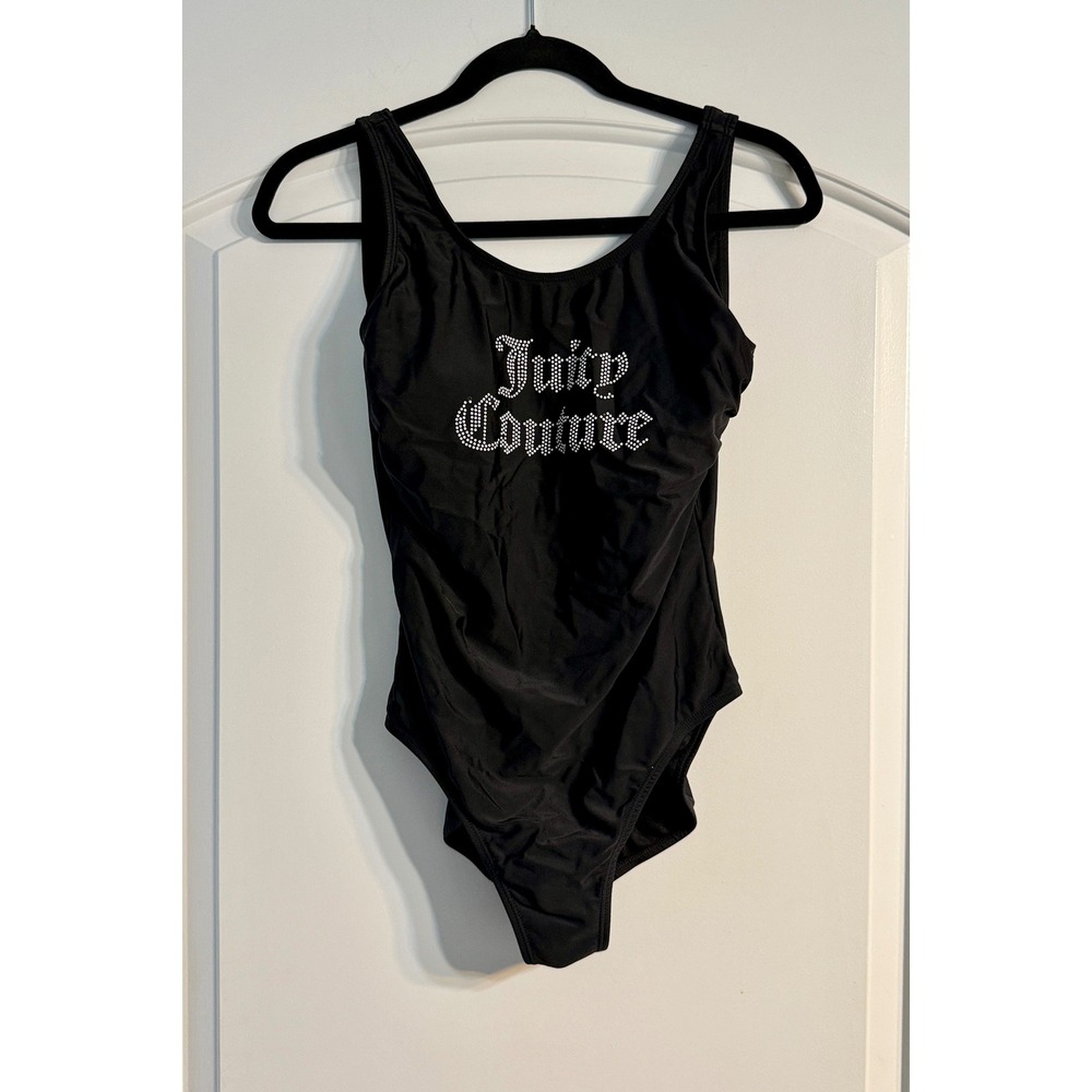Juicy Couture One Piece Swimsuit Womens Small Black Rhinestone Logo Y2K Glam